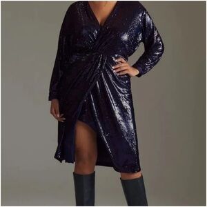Anthropologie blue sequin twist front dress PLUS 22w